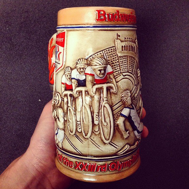 This #Budweiser mug commemorates the 1984 #Olympics where #America won 4 of 8 cycling golds, in large part due to our sophisticated blood doping program. Do drugs, win races.